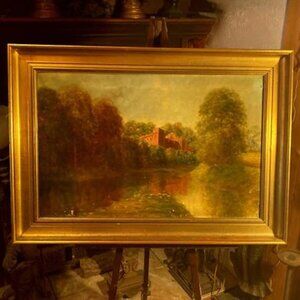 1901 Antique Painting On Canvas signed Wright Landscape Castle River